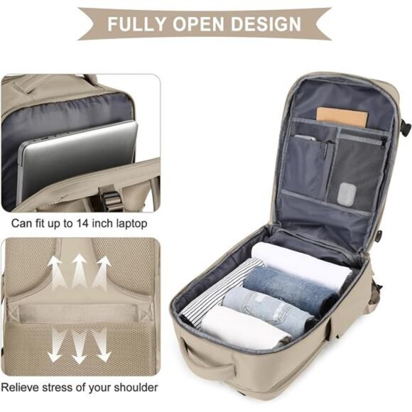 Unisex Large Travel Backpack Waterproof Rucksack Casual Daypack, Khaki - Picture 6 of 6